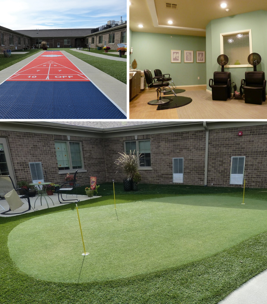 Evergreen Place's courtyard shuffleboard deck, in-house hair salon and putting green