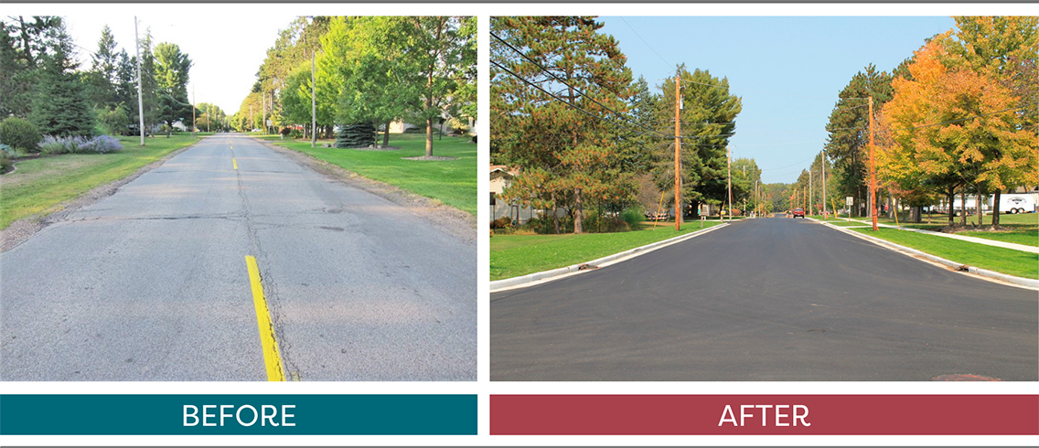 Before and after images of the reconstruction of Margaret Street in Rothschild, Wisconsin. 