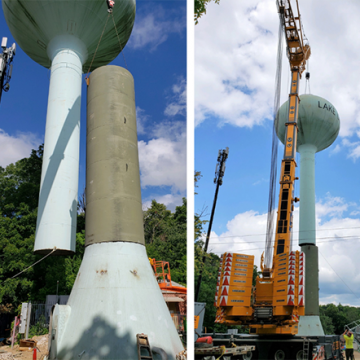 Lake Geneva water utility in Wisconsin increases water capacity by lifting their existing water tank and welding it onto a 30-foot extension.