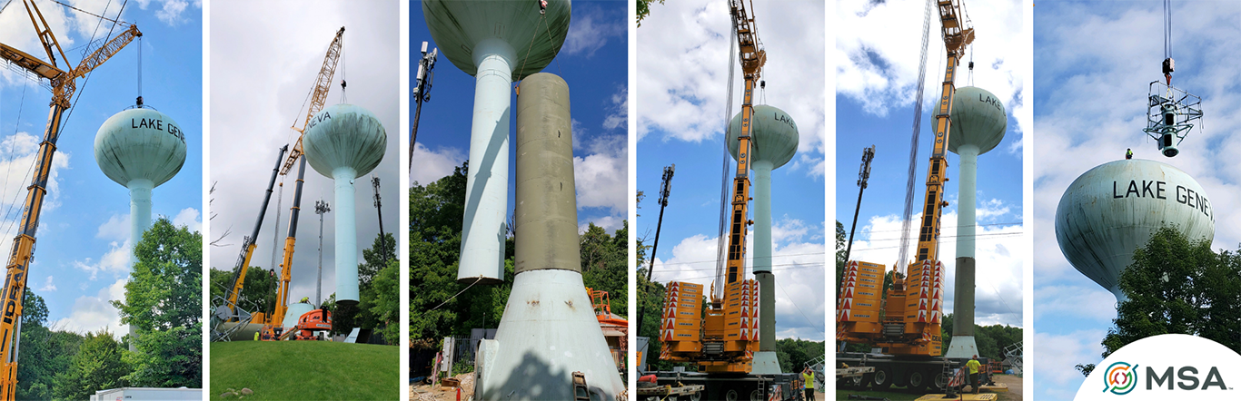 Lake Geneva water utility in Wisconsin increases water capacity by lifting their existing water tank and welding it onto a 30-foot extension.