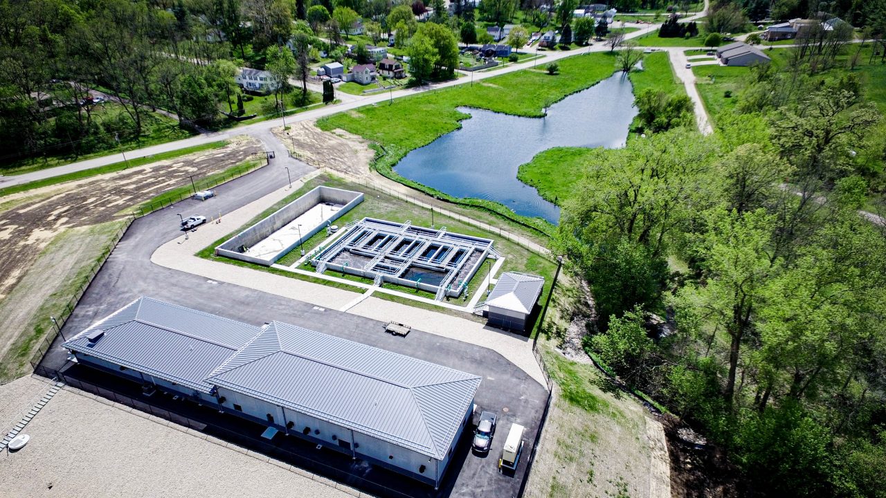 Aerial view of the new wastewater treatment facility in Mount Carroll, Illinois.