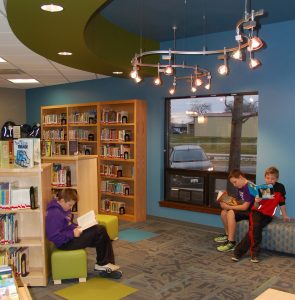 Teen and children's area in the newly renovation public library in the Village of Barneveld, Wisconsin.