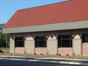 Exterior architectural elements at the new Larsen Family Public Library in Webster, Wisconsin.