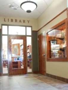 Interior entrance to the library at the Larsen Family Public Library in Webster, Wisconsin.