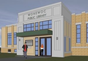 Digital rendering for the design of the expanded and remodeled public library in Wonewoc, Wisconsin. 