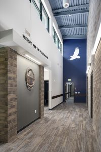 View of a natural-lit hallway with a flying eagle decor inside the new police station in Sauk City, Wisconsin.