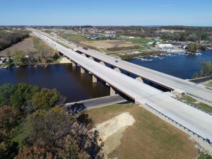 Aerial photo of two new award-winning bridges over the Rock River in Wisconsin over the Interstate 39/90 corridor