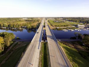 Aerial photo of two new award-winning bridges over the Rock River in Wisconsin over the Interstate 39/90 corridor