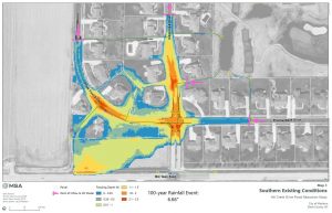 GIS map of existing conditions within the Hawks Landing area of Madison, Wisconsin, depicting 100-year flood conditions. 