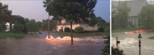 Two images taken by residents of the Hawks Landing area of Madison, Wisconsin, during a large flooding event where streets are severely underwater.