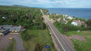 Aerial photograph of the Gitchi-Gami State Trail Tofte South segment, located near Tofte, Minnesota, along the expansive shoreline of Lake Superior