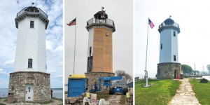 Image showing the historic lighthouse in Fond du Lac, Wisconsin, before, during and after construction to restore it 90 years after it was originally built.