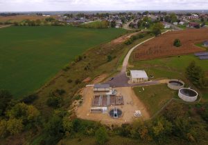 Aerial photograph of a new wastewater treatment facility in the Village of Dickeyville Wisconsin to boost capacity, upgrade infrastructure and meet permit limits for phosphorus.