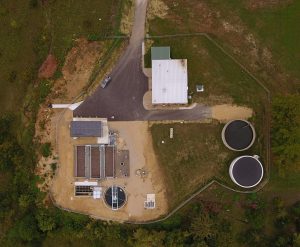 Aerial photograph of a new wastewater treatment facility in the Village of Dickeyville Wisconsin to boost capacity, upgrade infrastructure and meet permit limits for phosphorus.