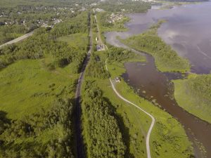 Aerial photograph before construction of a new residential and commercial development along the St. Louis River in West Duluth, Minnesota. 